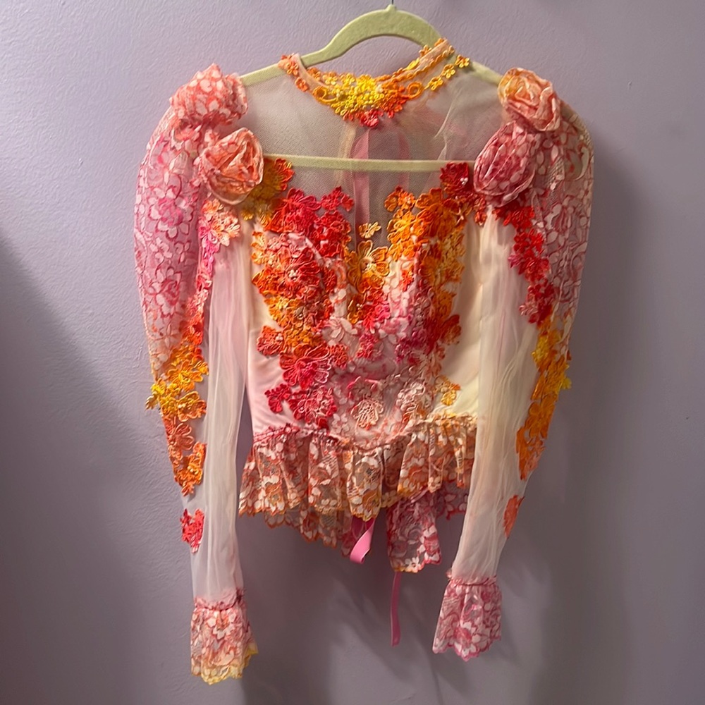 Urban Outfitters Pink, Orange & Yellow Floral Appliqué Sheer Peplum Blouse
